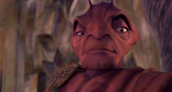 Movie still from “Antz” (1998), directed by Tim Johnson – A person with a strange face; Close Up shot, High angle