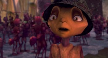 Movie still from “Antz” (1998), directed by Tim Johnson – An animated picture of an alien looking surprised; Close Up shot, High angle