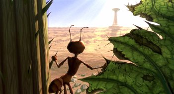 Movie still from “Antz” (1998), directed by Tim Johnson – An ant standing in the middle of the desert; Extreme Wide shot, High angle