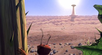 Movie still from “Antz” (1998), directed by Tim Johnson – An ant is sitting in the middle of the desert; Extreme Wide shot, High angle