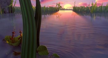 Movie still from “Antz” (1998), directed by Tim Johnson – A painting of a body of water at sunset; Extreme Wide shot, Low angle