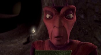 Movie still from “Antz” (1998), directed by Tim Johnson – An animated creature with a surprised look on his face; Close Up shot, High angle