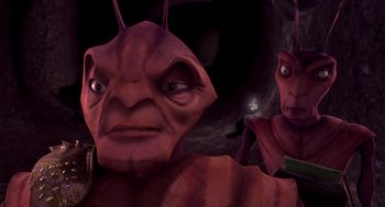 Movie still from “Antz” (1998), directed by Tim Johnson – A person's face in a video game; Close Up shot, High angle