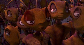 Movie still from “Antz” (1998), directed by Tim Johnson – View of a group of cartoon characters; Close Up shot, High angle