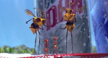 Movie still from “Antz” (1998), directed by Tim Johnson – A group of ants standing next to each other on the ground; Extreme Close Up shot, Low angle