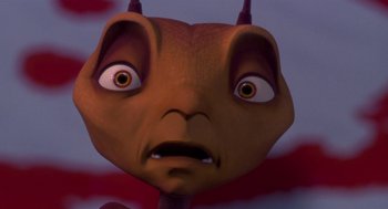 Movie still from “Antz” (1998), directed by Tim Johnson – The face of a cartoon character; Extreme Close Up shot, High angle