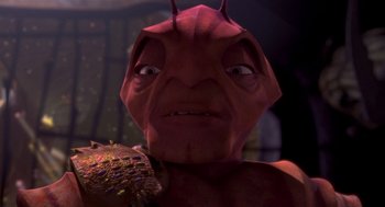 Movie still from “Antz” (1998), directed by Tim Johnson – An image of an evil looking person with horns on his head; Close Up shot, High angle