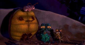 Movie still from “Antz” (1998), directed by Tim Johnson – A group of stuffed animals; Wide shot, High angle