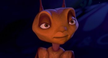 Movie still from “Antz” (1998), directed by Tim Johnson – An animated creature with a big head and big eyes; Close Up shot, High angle