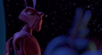 Movie still from “Antz” (1998), directed by Tim Johnson – The head and shoulders of an animated character; Close Up shot, Over the shoulder angle