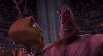 Movie still from “Antz” (1998), directed by Tim Johnson – A couple of people that are looking at each other; Close Up shot, Over the shoulder angle