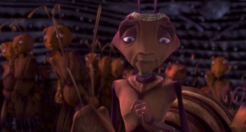 Movie still from “Antz” (1998), directed by Tim Johnson – An image of an animated character in a field of flowers; Close Up shot, High angle