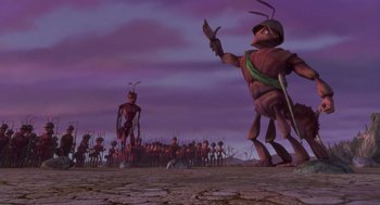 Movie still from “Antz” (1998), directed by Tim Johnson – An image of an animated scene with a lot of people; Extreme Wide shot, Low angle