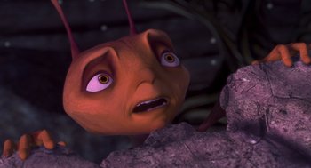 Movie still from “Antz” (1998), directed by Tim Johnson – An animated creature with a surprised look on his face; Close Up shot, High angle