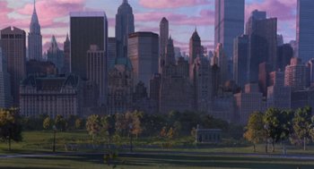 Movie still from “Antz” (1998), directed by Tim Johnson – A painting of a city skyline at sunset; Extreme Wide shot, High angle