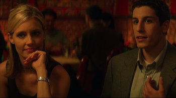 Movie still from “Anything Else” (2003), directed by Woody Allen – A man and a woman sitting at a table in a restaurant; Medium shot, Over the shoulder angle