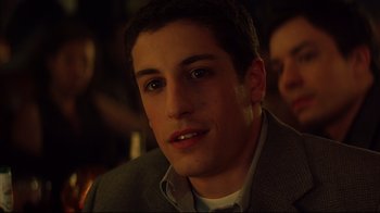 Movie still from “Anything Else” (2003), directed by Woody Allen – A person wearing a jacket; Close Up shot, Over the shoulder angle