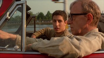 Movie still from “Anything Else” (2003), directed by Woody Allen – Two men sitting in the back seat of a car; Close Up shot, Over the shoulder angle