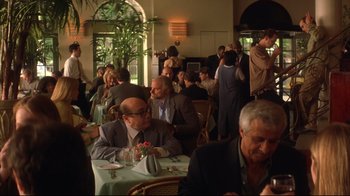 Movie still from “Anything Else” (2003), directed by Woody Allen – A group of people sitting at a table in a restaurant; Wide shot, Over the shoulder angle