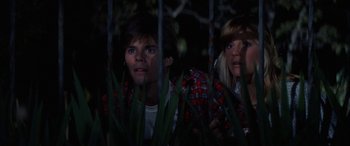 Movie still from “April Fool's Day” (1986), directed by Fred Walton – A man and a woman looking through a fence at night; Close Up shot, Low angle