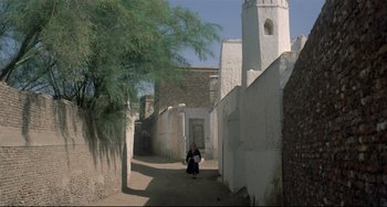 Movie still from “Arabian Nights” (1974), directed by Pier Paolo Pasolini – A woman walking down a street in a white walled city; Extreme Wide shot, High angle