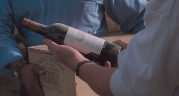 Movie still from “Arachnophobia” (1990), directed by Frank Marshall – A person holding a bottle of wine in their hand; Extreme Close Up shot, High angle
