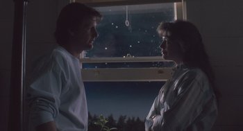 Movie still from “Arachnophobia” (1990), directed by Frank Marshall – Two people standing next to each other in front of a window at night; Medium shot, Low angle