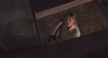 Movie still from “Arachnophobia” (1990), directed by Frank Marshall – A woman standing in front of a mirror in a barn; Medium shot, High angle