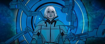 Movie still from “Archenemy” (2020), directed by Adam Egypt Mortimer – An illustration of a woman in a futuristic setting; Medium shot, Low angle