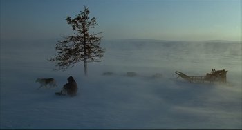 Movie still from “Arizona Dream” (1993), directed by Emir Kusturica – A man sitting in the snow next to a pine tree; Extreme Wide shot, High angle