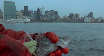 Movie still from “Arizona Dream” (1993), directed by Emir Kusturica – A hand holding a fish in front of a body of water; Medium shot, Low angle