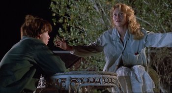 Movie still from “Arizona Dream” (1993), directed by Emir Kusturica – Two people sitting at a table in a forest; Medium shot, Low angle