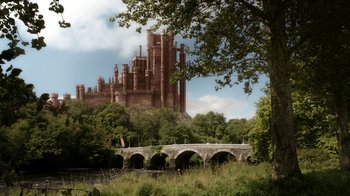 Movie still from “Game of Thrones” (2011), created by D.B. Weiss – A bridge over a body of water near a forest; Extreme Wide shot, Low angle