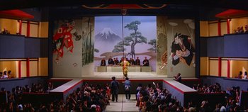 Movie still from “Around the World in 80 Days” (1956), directed by John Farrow – A group of people sitting in front of a painting; Extreme Wide shot, Low angle