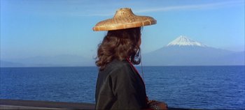 Movie still from “Around the World in 80 Days” (1956), directed by John Farrow – A person with a straw hat is looking out at the ocean; Medium shot, High angle