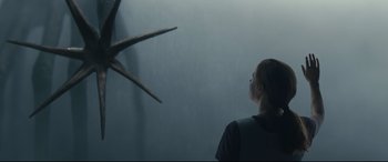 Movie still from “Arrival” (2016), directed by Denis Villeneuve – A woman standing in front of an antler; Medium shot, Over the shoulder angle