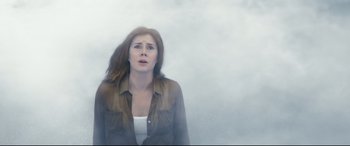 Movie still from “Arrival” (2016), directed by Denis Villeneuve – A woman standing in the middle of a foggy area; Medium shot, Low angle