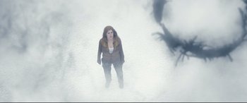 Movie still from “Arrival” (2016), directed by Denis Villeneuve – A woman standing in the middle of a foggy area; Extreme Wide shot, Overhead angle