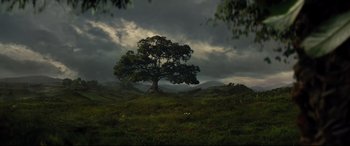 Movie still from “Artemis Fowl” (2020), directed by Kenneth Branagh – A tree in the middle of a grassy field under a cloudy sky; Extreme Wide shot, Low angle
