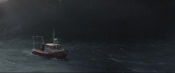 Movie still from “Artemis Fowl” (2020), directed by Kenneth Branagh – A boat in the middle of the ocean at night; Extreme Wide shot, High angle