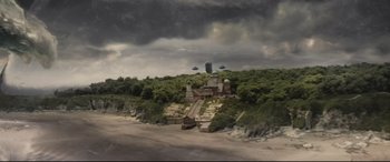 Movie still from “Artemis Fowl” (2020), directed by Kenneth Branagh – A painting of an alien invasion on a beach; Extreme Wide shot, High angle