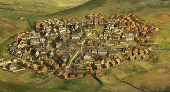 Movie still from “Arthur Christmas” (2011), directed by Barry Cook – An aerial view of an old town in the middle of the day; Extreme Wide shot, High angle