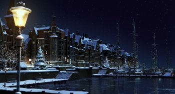 Movie still from “Arthur Christmas” (2011), directed by Barry Cook – A snowy night scene of a city with a boat in the water; Extreme Wide shot, Low angle
