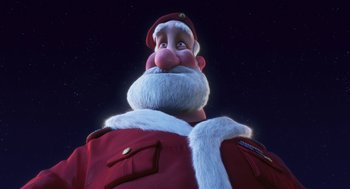 Movie still from “Arthur Christmas” (2011), directed by Barry Cook – An animated picture of a man in a red jacket; Close Up shot, Low angle
