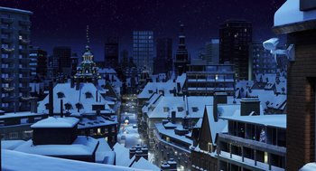 Movie still from “Arthur Christmas” (2011), directed by Barry Cook – A snowy city at night with a lot of lights; Extreme Wide shot, High angle