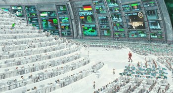 Movie still from “Arthur Christmas” (2011), directed by Barry Cook – An image of an animated scene in a movie setting; Extreme Wide shot, High angle
