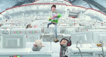 Movie still from “Arthur Christmas” (2011), directed by Barry Cook – An animation of a man in a room with pigs; Wide shot, High angle
