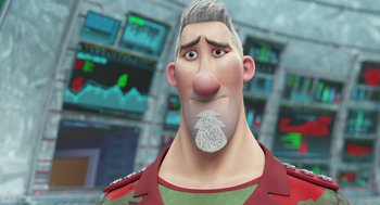 Movie still from “Arthur Christmas” (2011), directed by Barry Cook – An animated man with a beard is looking at the camera; Close Up shot, Low angle