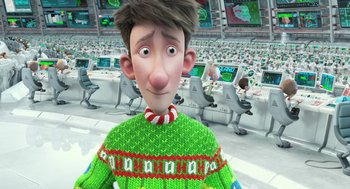 Movie still from “Arthur Christmas” (2011), directed by Barry Cook – An animated character wearing a green and red christmas sweater; Close Up shot, Over the shoulder angle