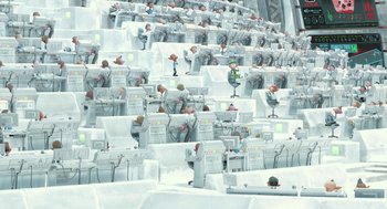 Movie still from “Arthur Christmas” (2011), directed by Barry Cook – A group of computers sitting on top of seats; Extreme Wide shot, High angle